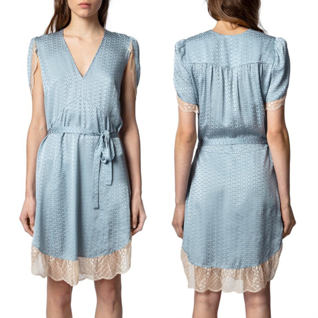 Nwt $678 Zadig & Voltaire Raccord Silk Zv Jacquard Lace Dress In Nuage
